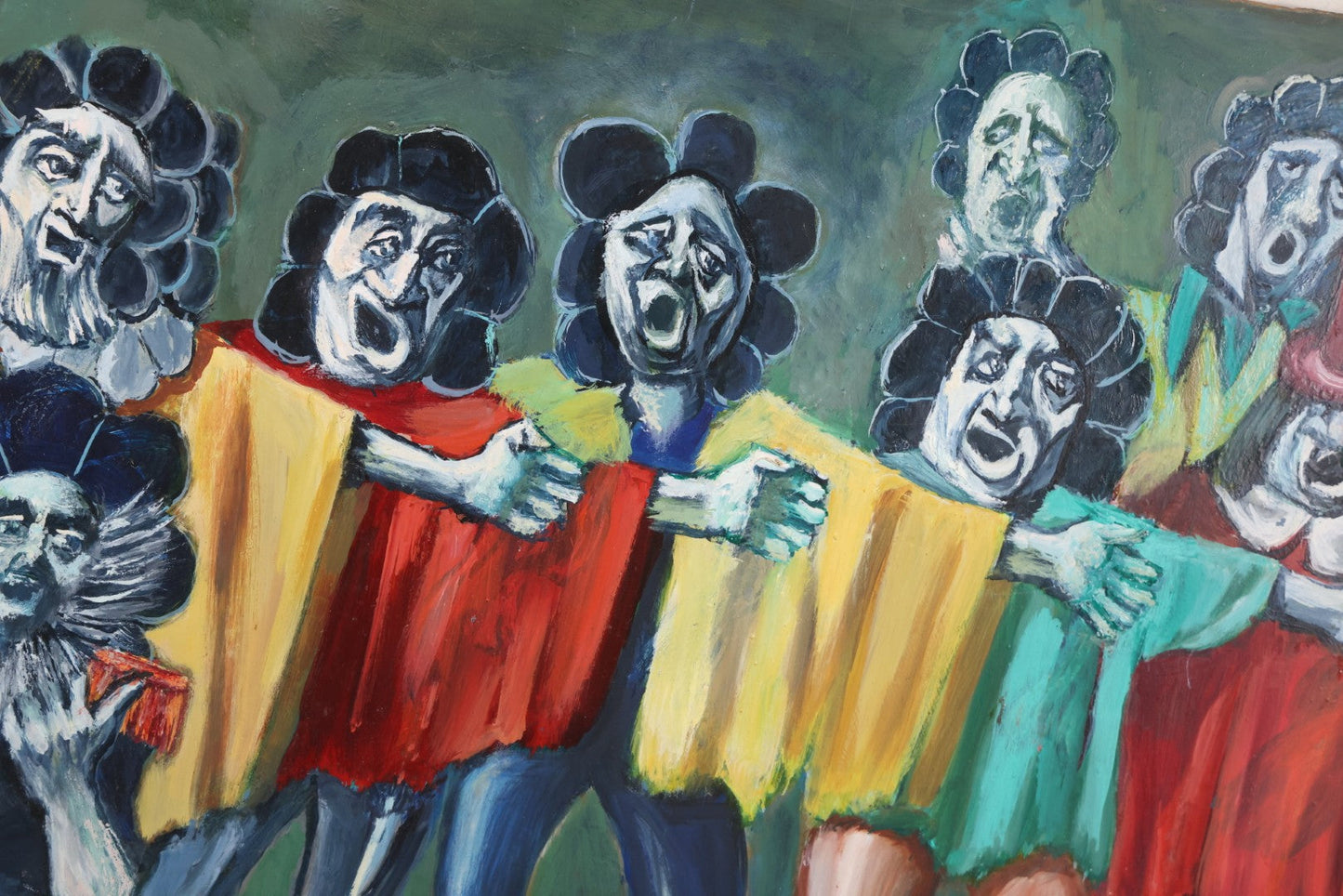 Lot 019 - Contemporary Surrealist Oil On Board Painting With Clown-Like Singing Characters And Nude Figures, Signed By Herbert Leopold (1920-2009), Dated 2001, 17" x 38"