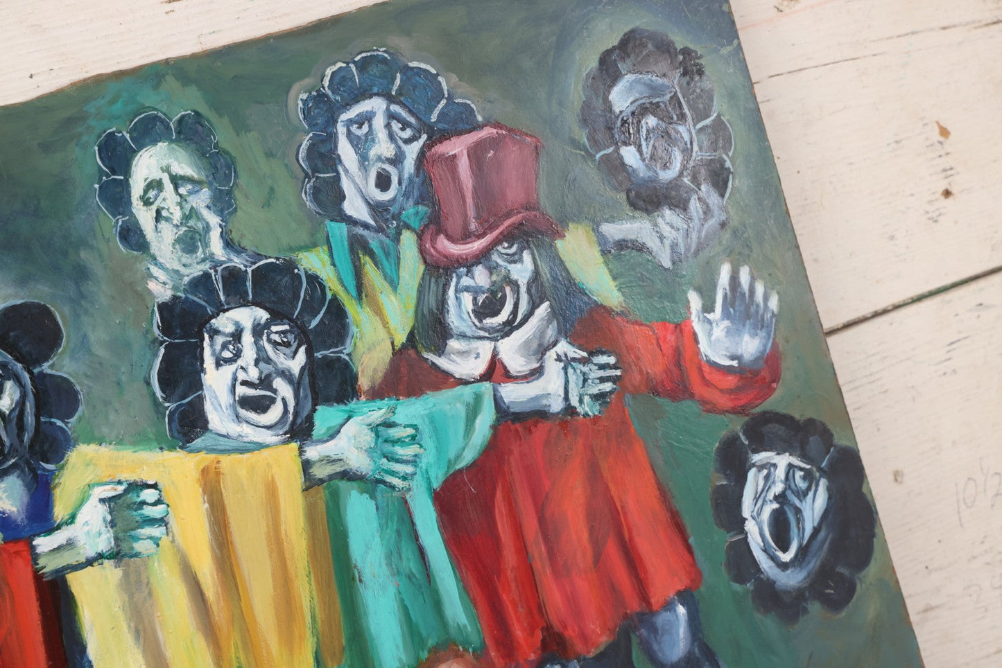 Lot 019 - Contemporary Surrealist Oil On Board Painting With Clown-Like Singing Characters And Nude Figures, Signed By Herbert Leopold (1920-2009), Dated 2001, 17" x 38"