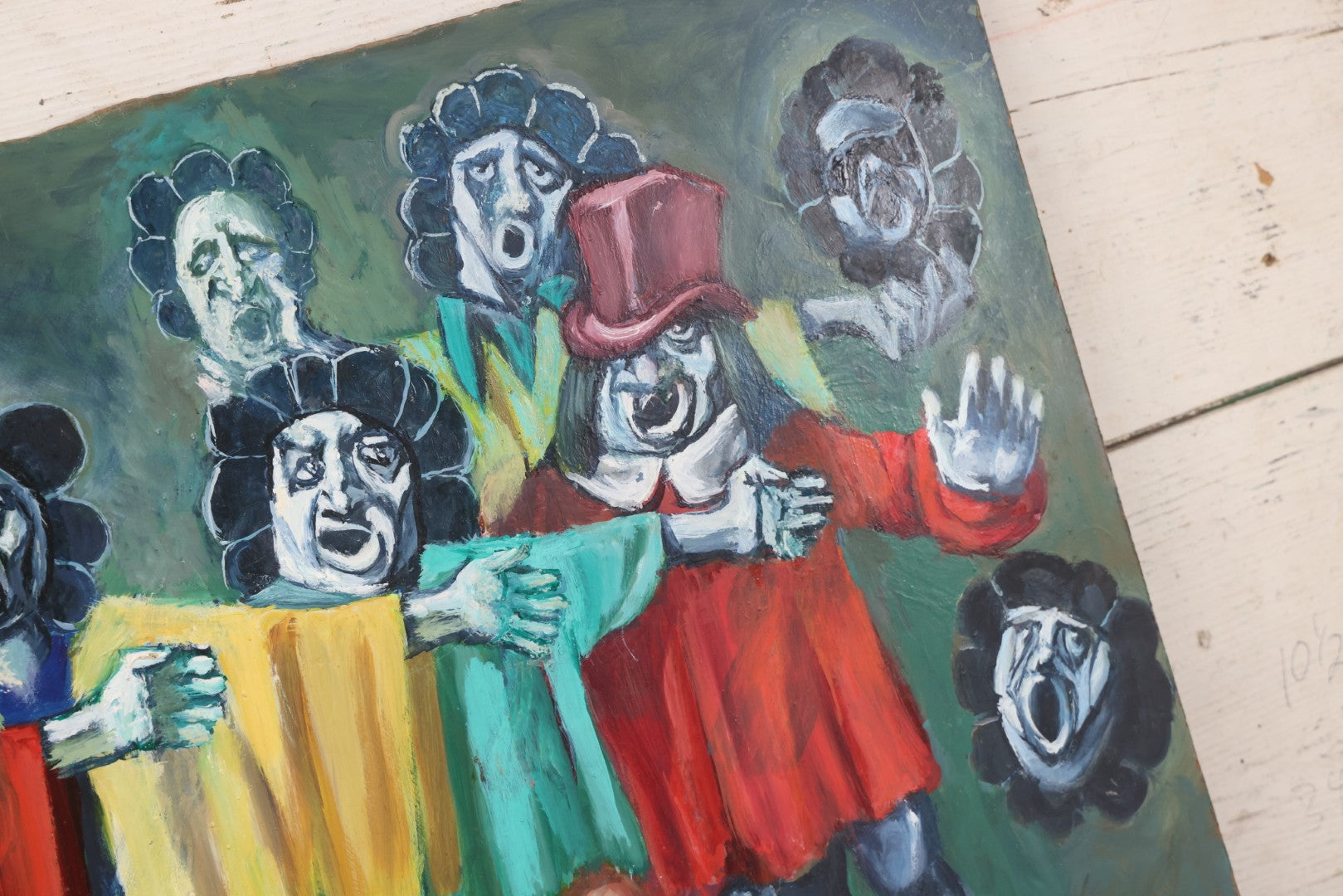 Lot 019 - Contemporary Surrealist Oil On Board Painting With Clown-Like Singing Characters And Nude Figures, Signed By Herbert Leopold (1920-2009), Dated 2001, 17" x 38"
