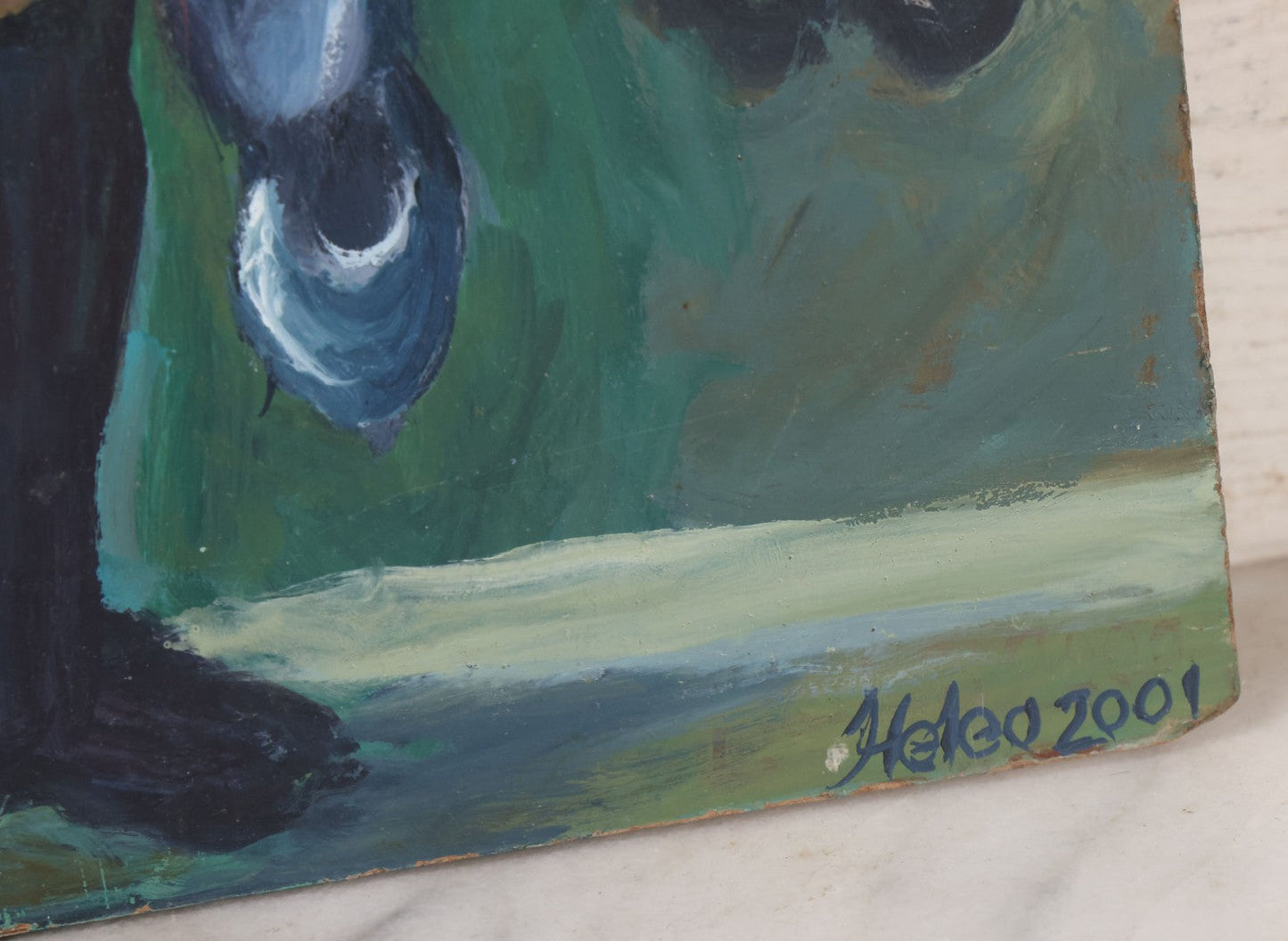 Lot 019 - Contemporary Surrealist Oil On Board Painting With Clown-Like Singing Characters And Nude Figures, Signed By Herbert Leopold (1920-2009), Dated 2001, 17" x 38"