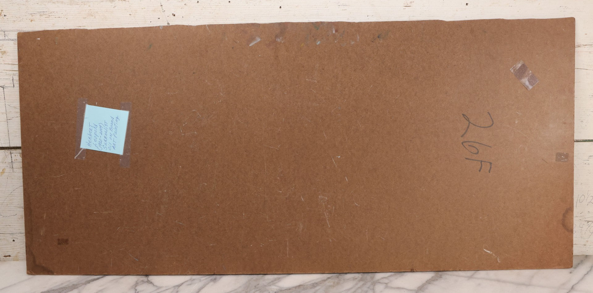 Lot 019 - Contemporary Surrealist Oil On Board Painting With Clown-Like Singing Characters And Nude Figures, Signed By Herbert Leopold (1920-2009), Dated 2001, 17" x 38"