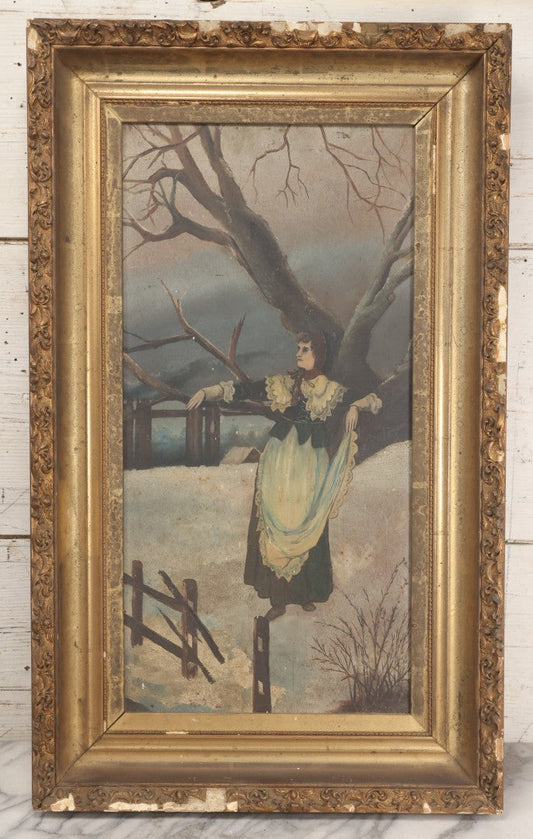 Lot 022 - Antique Oil On Wood Panel Painting Of A Woman In Winter Landscape, Circa 1900, Worn Gilt Gesso Frame, 16-3/4" x 27-3/4"