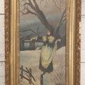 Lot 022 - Antique Oil On Wood Panel Painting Of A Woman In Winter Landscape, Circa 1900, Worn Gilt Gesso Frame, 16-3/4" x 27-3/4"