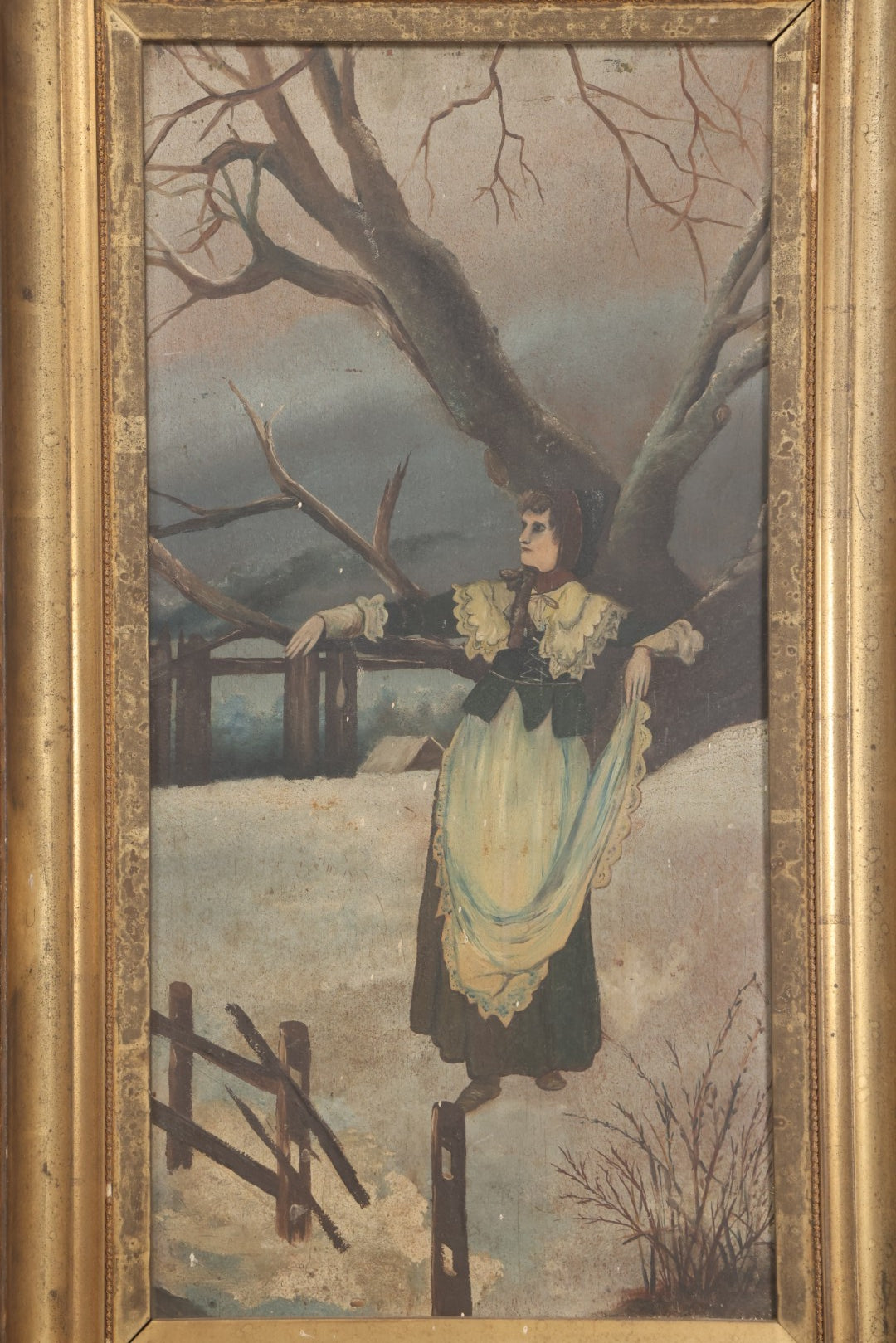 Lot 022 - Antique Oil On Wood Panel Painting Of A Woman In Winter Landscape, Circa 1900, Worn Gilt Gesso Frame, 16-3/4" x 27-3/4"