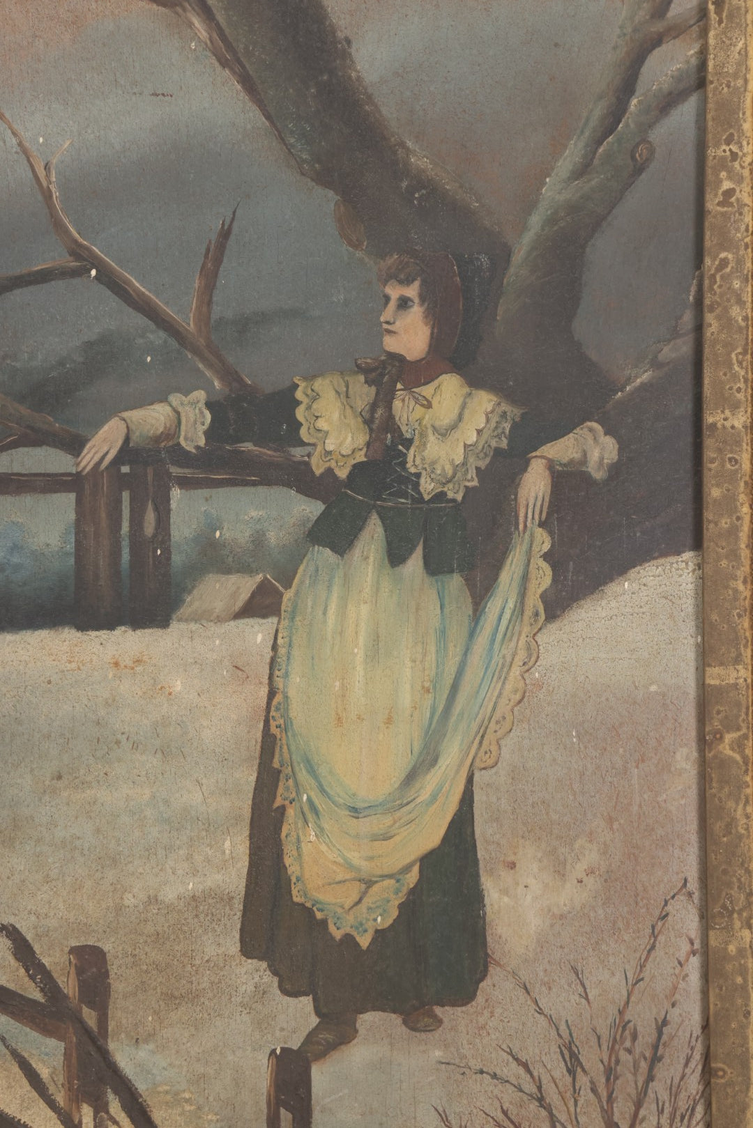 Lot 022 - Antique Oil On Wood Panel Painting Of A Woman In Winter Landscape, Circa 1900, Worn Gilt Gesso Frame, 16-3/4" x 27-3/4"
