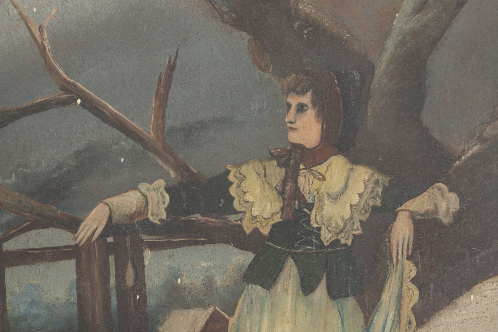 Lot 022 - Antique Oil On Wood Panel Painting Of A Woman In Winter Landscape, Circa 1900, Worn Gilt Gesso Frame, 16-3/4" x 27-3/4"