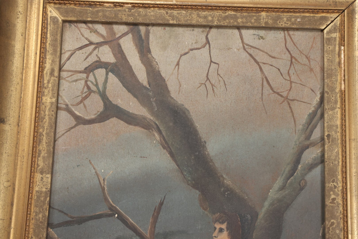 Lot 022 - Antique Oil On Wood Panel Painting Of A Woman In Winter Landscape, Circa 1900, Worn Gilt Gesso Frame, 16-3/4" x 27-3/4"