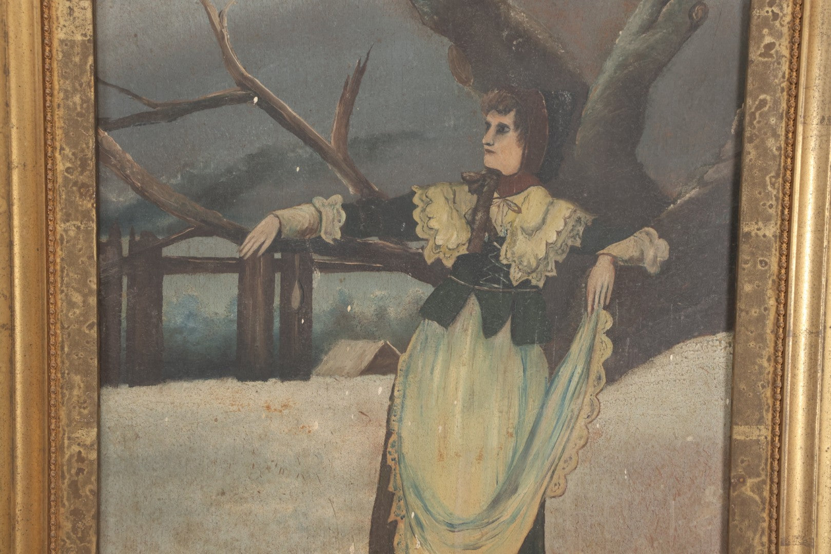 Lot 022 - Antique Oil On Wood Panel Painting Of A Woman In Winter Landscape, Circa 1900, Worn Gilt Gesso Frame, 16-3/4" x 27-3/4"