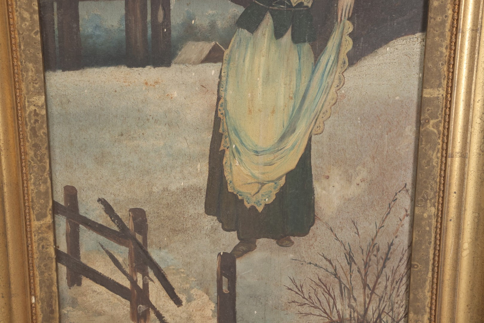 Lot 022 - Antique Oil On Wood Panel Painting Of A Woman In Winter Landscape, Circa 1900, Worn Gilt Gesso Frame, 16-3/4" x 27-3/4"