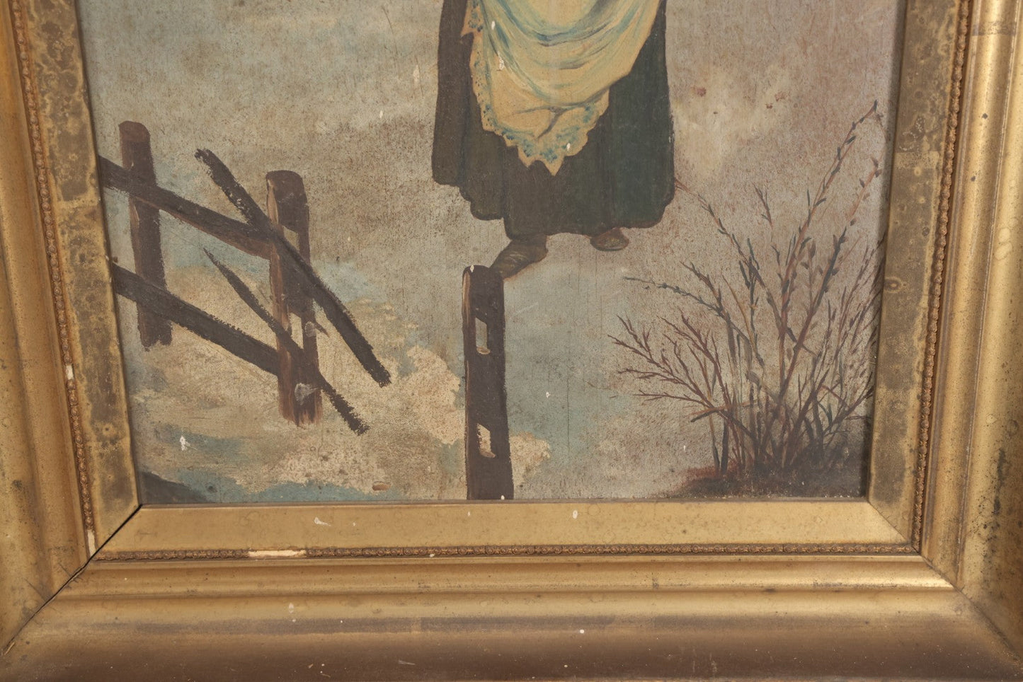 Lot 022 - Antique Oil On Wood Panel Painting Of A Woman In Winter Landscape, Circa 1900, Worn Gilt Gesso Frame, 16-3/4" x 27-3/4"