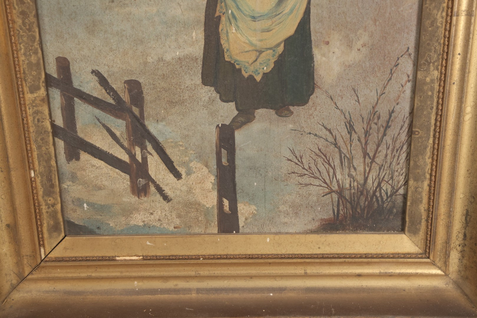 Lot 022 - Antique Oil On Wood Panel Painting Of A Woman In Winter Landscape, Circa 1900, Worn Gilt Gesso Frame, 16-3/4" x 27-3/4"