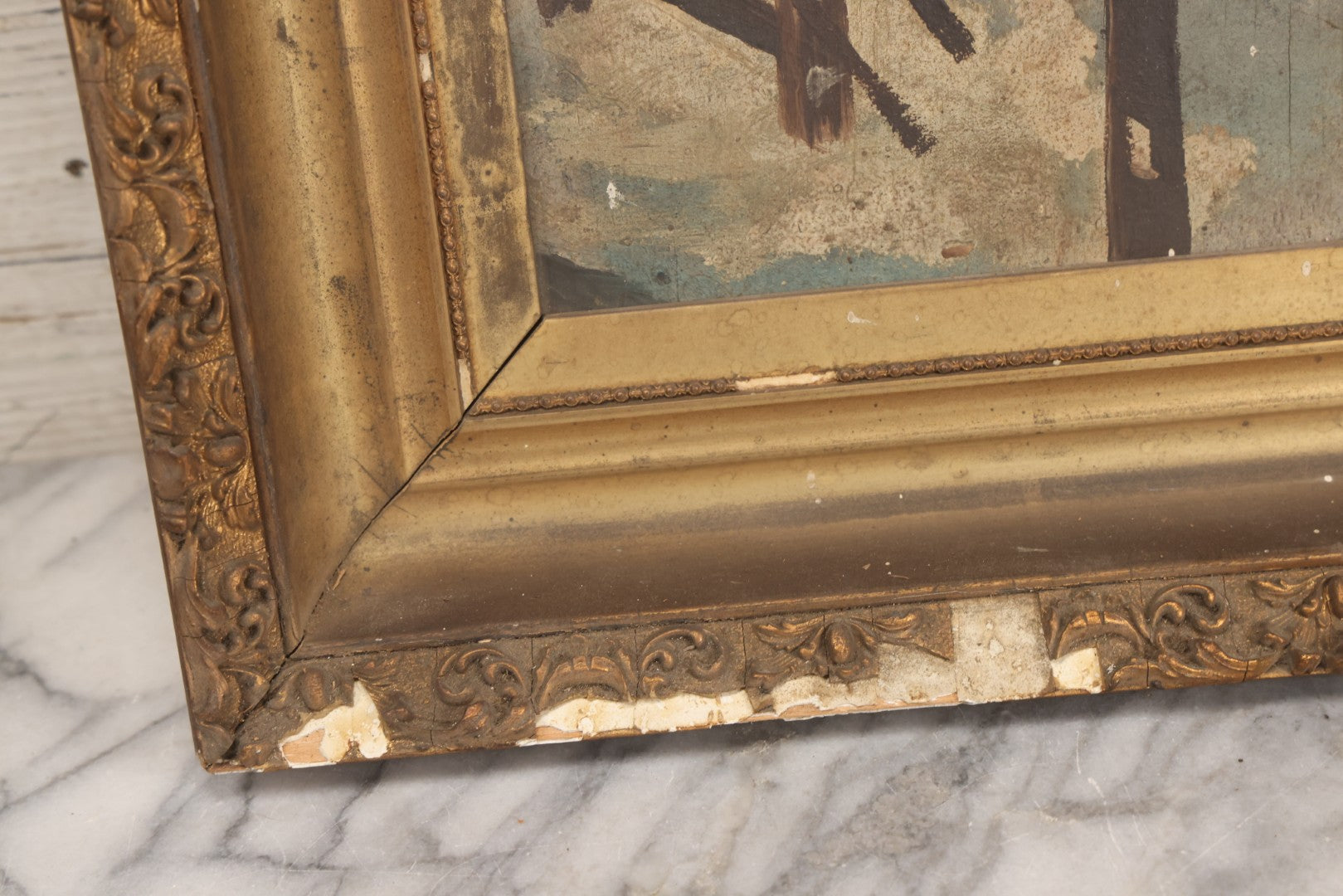 Lot 022 - Antique Oil On Wood Panel Painting Of A Woman In Winter Landscape, Circa 1900, Worn Gilt Gesso Frame, 16-3/4" x 27-3/4"