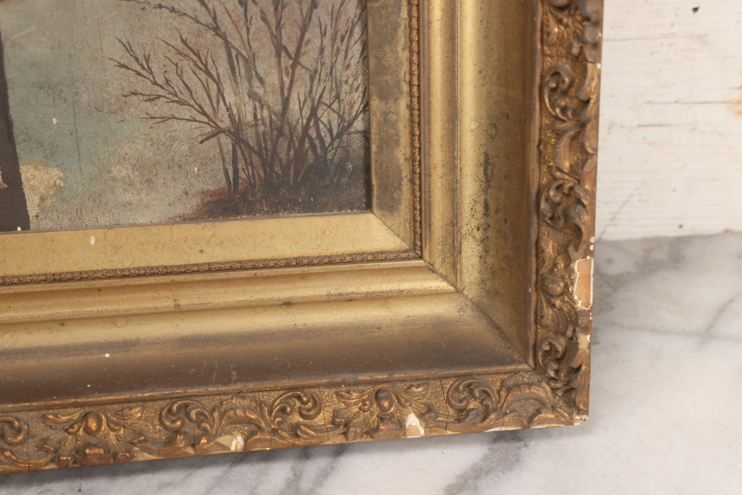 Lot 022 - Antique Oil On Wood Panel Painting Of A Woman In Winter Landscape, Circa 1900, Worn Gilt Gesso Frame, 16-3/4" x 27-3/4"