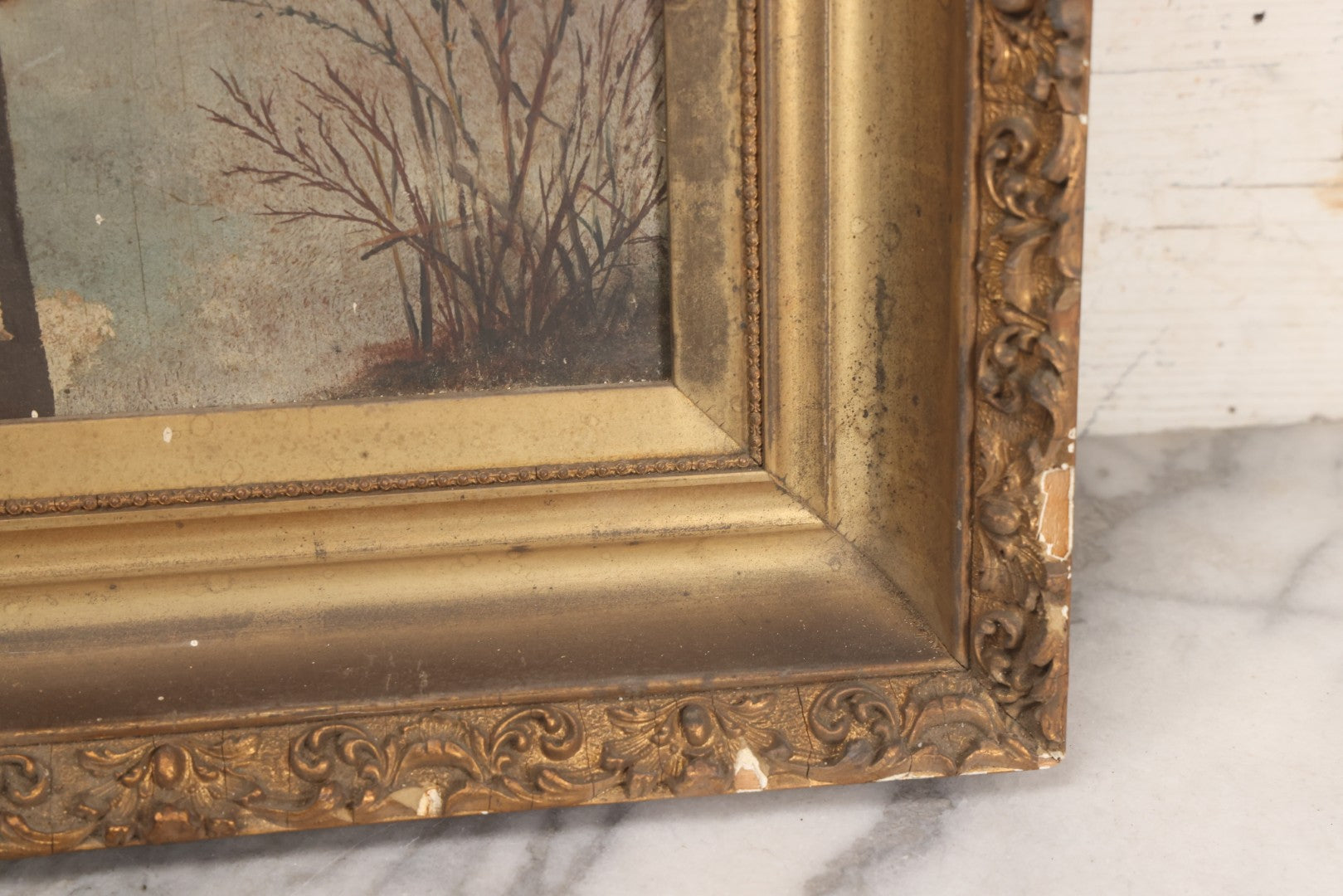 Lot 022 - Antique Oil On Wood Panel Painting Of A Woman In Winter Landscape, Circa 1900, Worn Gilt Gesso Frame, 16-3/4" x 27-3/4"