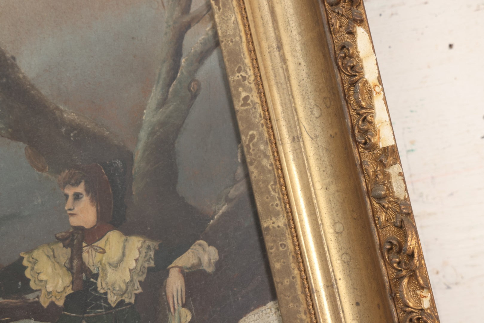 Lot 022 - Antique Oil On Wood Panel Painting Of A Woman In Winter Landscape, Circa 1900, Worn Gilt Gesso Frame, 16-3/4" x 27-3/4"