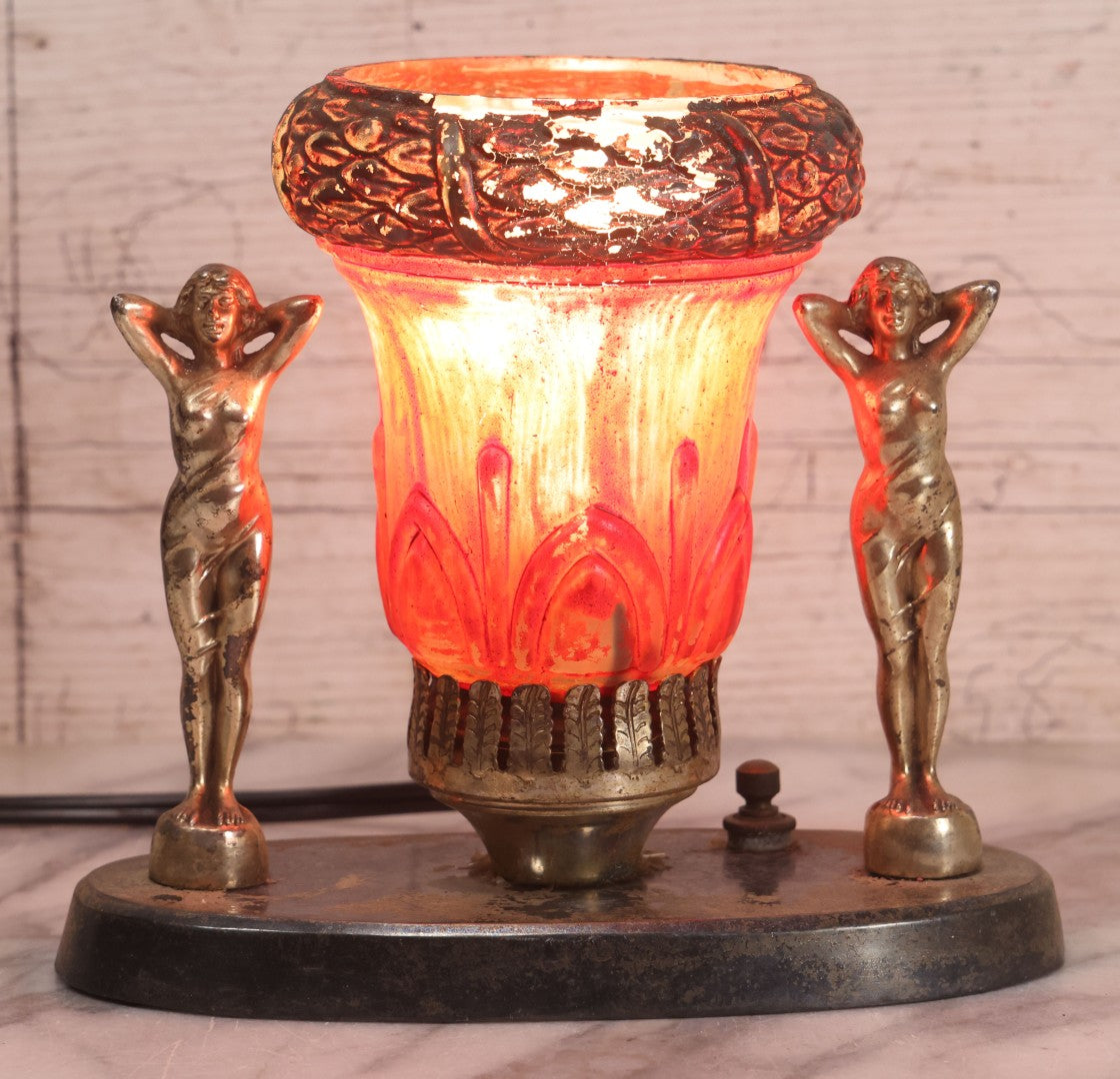 Lot 023 - Vintage Art Deco Table Lamp With Pot Metal Woman Figurines And Painted Glass Shade, Rewired, 7" H