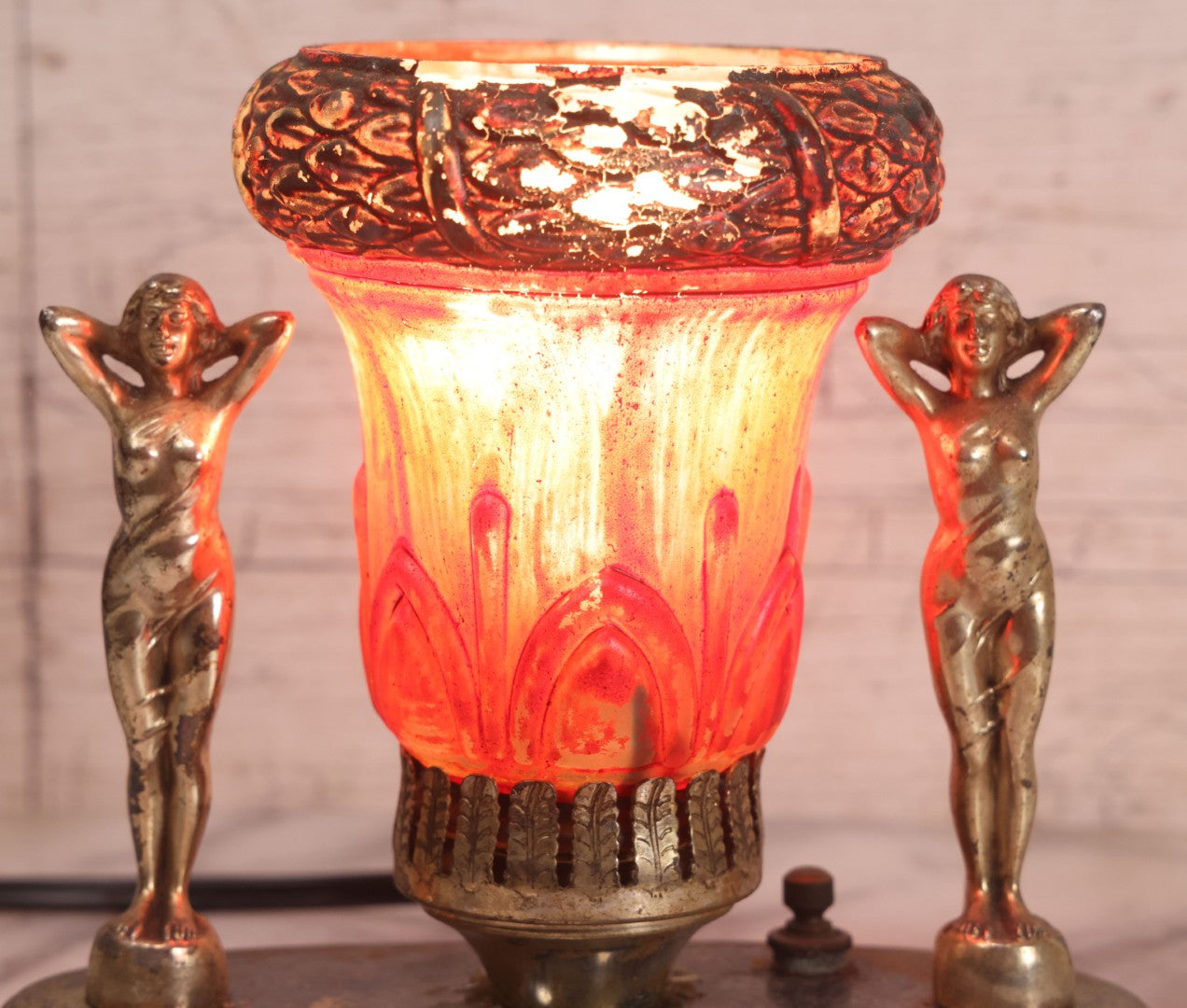 Lot 023 - Vintage Art Deco Table Lamp With Pot Metal Woman Figurines And Painted Glass Shade, Rewired, 7" H