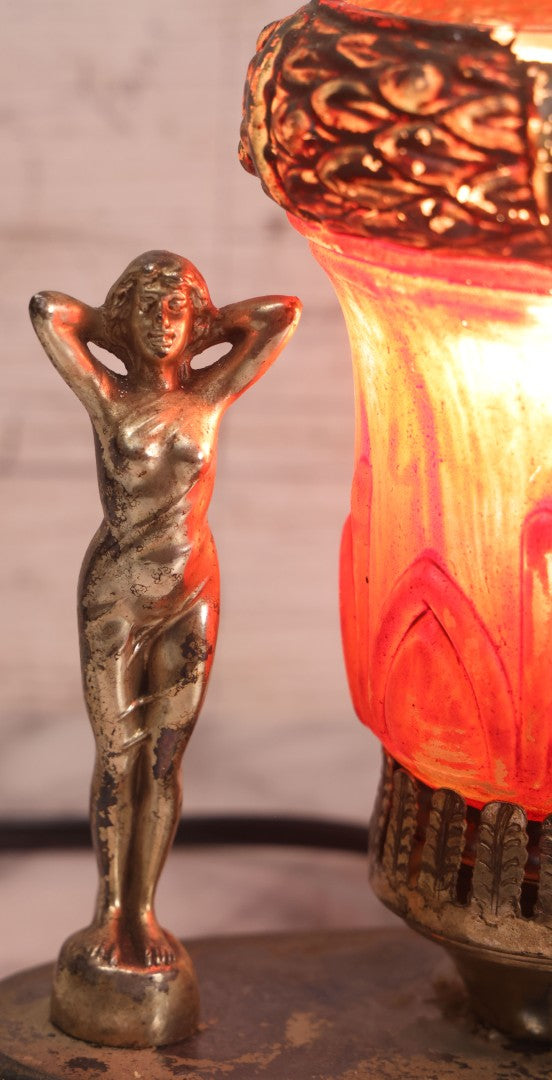 Lot 023 - Vintage Art Deco Table Lamp With Pot Metal Woman Figurines And Painted Glass Shade, Rewired, 7" H