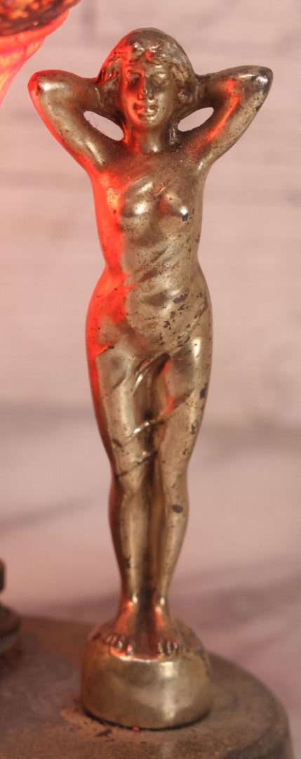 Lot 023 - Vintage Art Deco Table Lamp With Pot Metal Woman Figurines And Painted Glass Shade, Rewired, 7" H