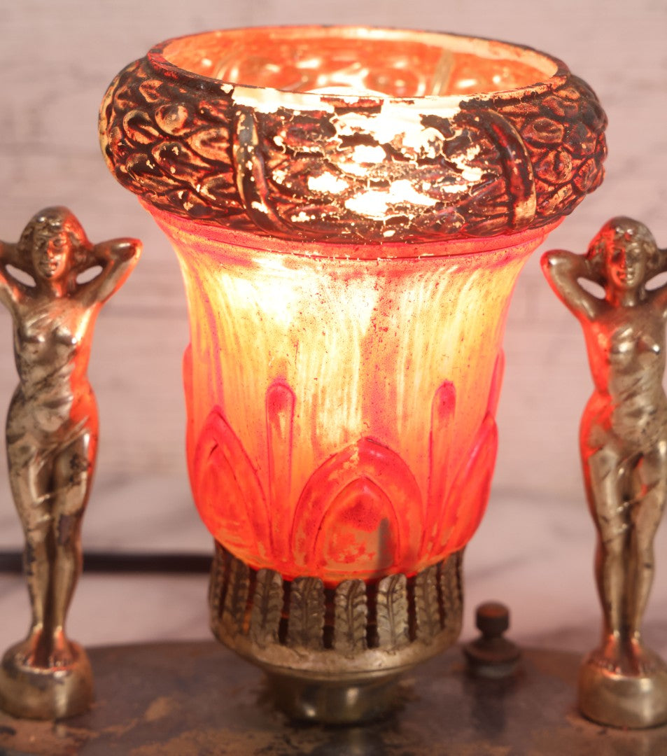 Lot 023 - Vintage Art Deco Table Lamp With Pot Metal Woman Figurines And Painted Glass Shade, Rewired, 7" H