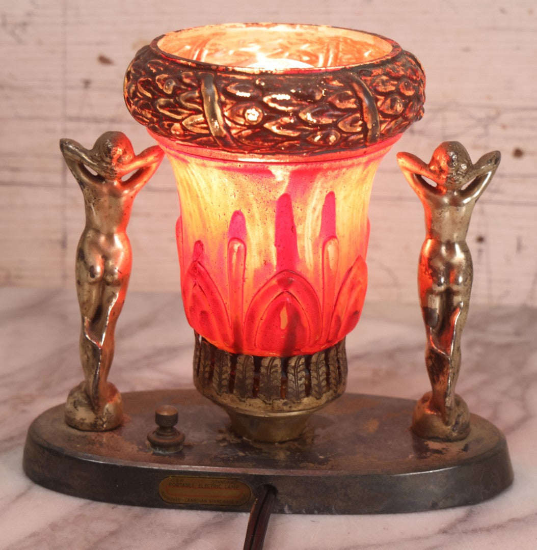 Lot 023 - Vintage Art Deco Table Lamp With Pot Metal Woman Figurines And Painted Glass Shade, Rewired, 7" H