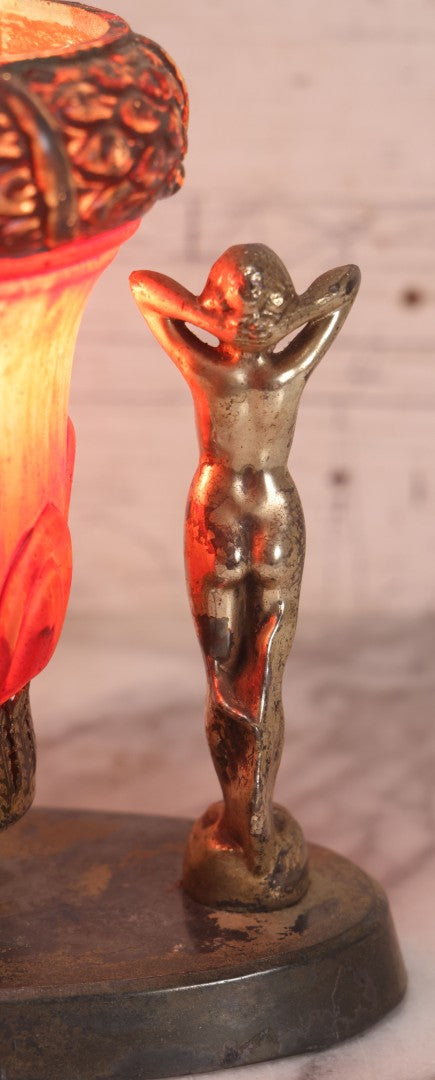 Lot 023 - Vintage Art Deco Table Lamp With Pot Metal Woman Figurines And Painted Glass Shade, Rewired, 7" H