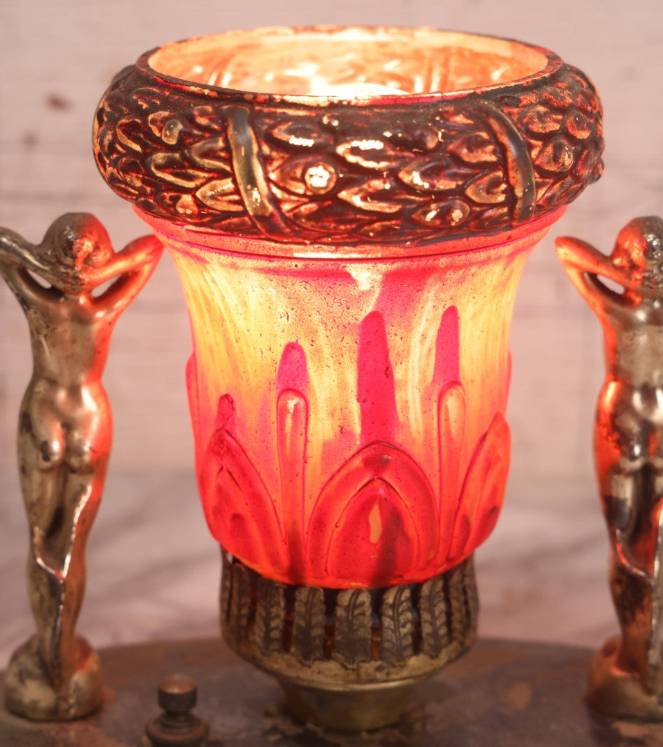 Lot 023 - Vintage Art Deco Table Lamp With Pot Metal Woman Figurines And Painted Glass Shade, Rewired, 7" H