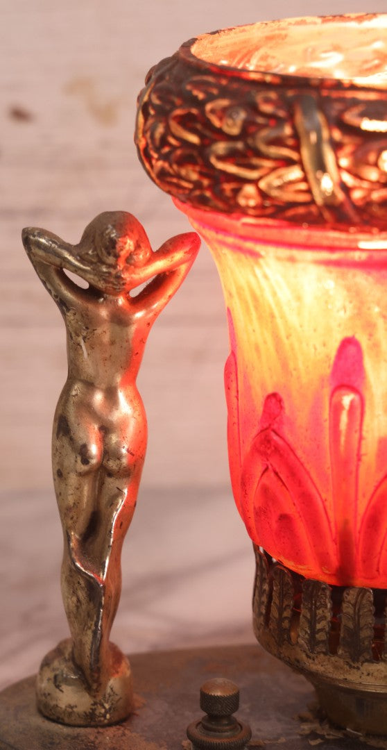 Lot 023 - Vintage Art Deco Table Lamp With Pot Metal Woman Figurines And Painted Glass Shade, Rewired, 7" H