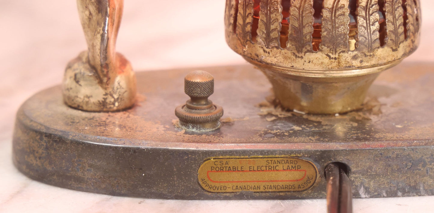Lot 023 - Vintage Art Deco Table Lamp With Pot Metal Woman Figurines And Painted Glass Shade, Rewired, 7" H
