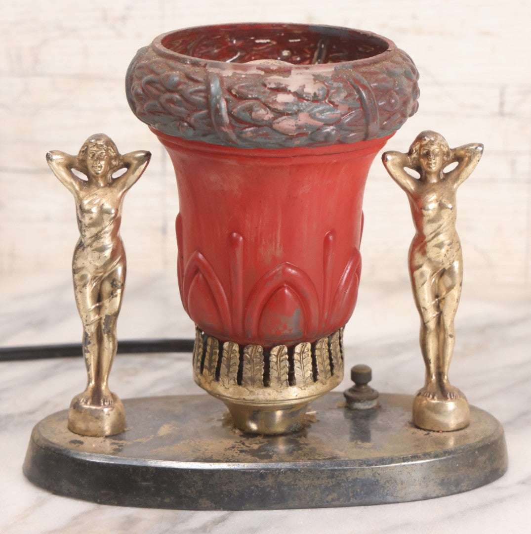 Lot 023 - Vintage Art Deco Table Lamp With Pot Metal Woman Figurines And Painted Glass Shade, Rewired, 7" H