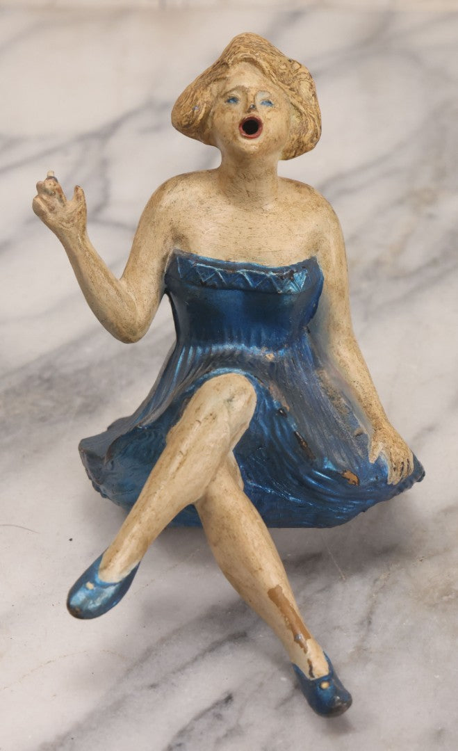 Lot 024 - Vintage Painted Cast White Metal Art Deco Incense Burner Depicting A Blonde Woman In Blue Dress Holding A Cigarette