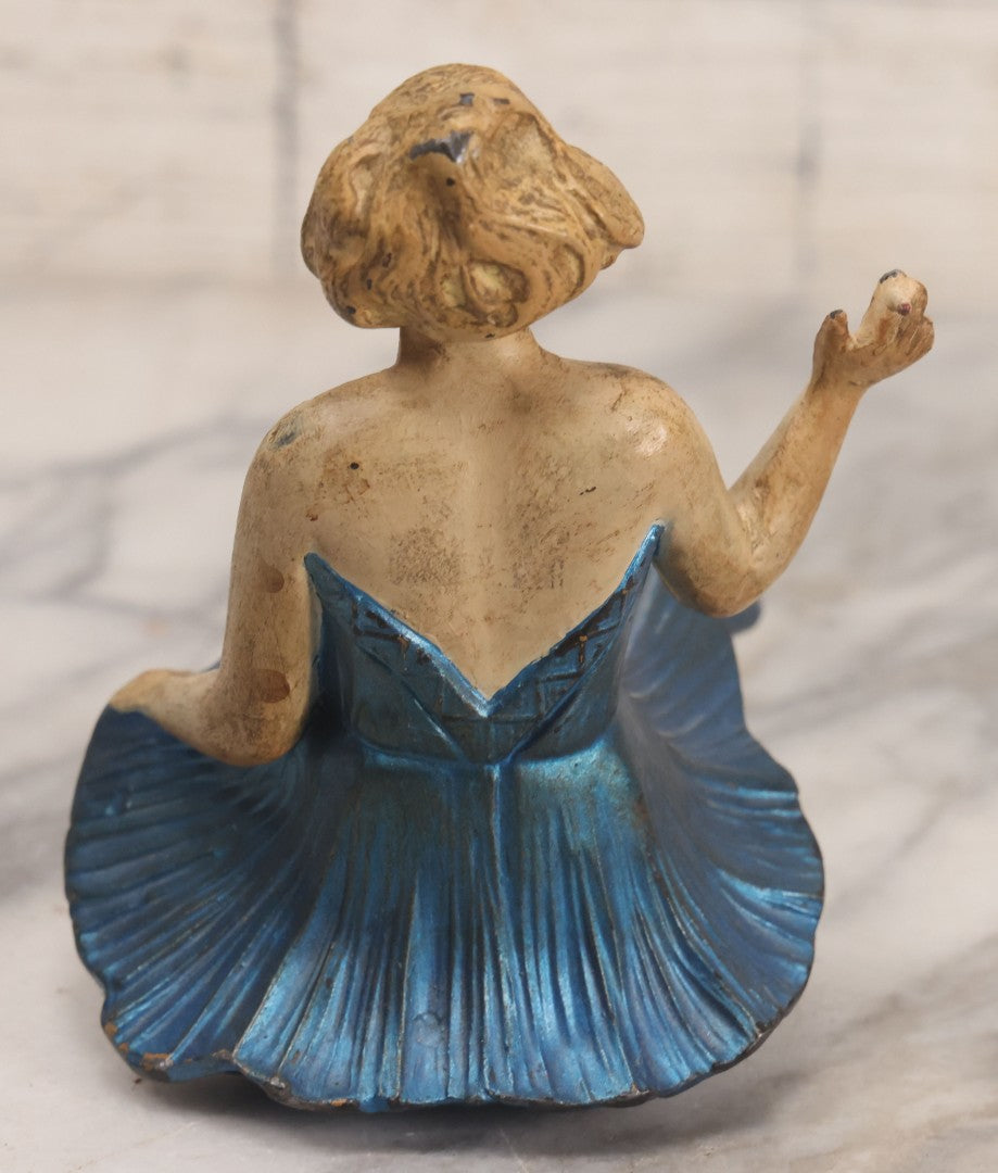 Lot 024 - Vintage Painted Cast White Metal Art Deco Incense Burner Depicting A Blonde Woman In Blue Dress Holding A Cigarette