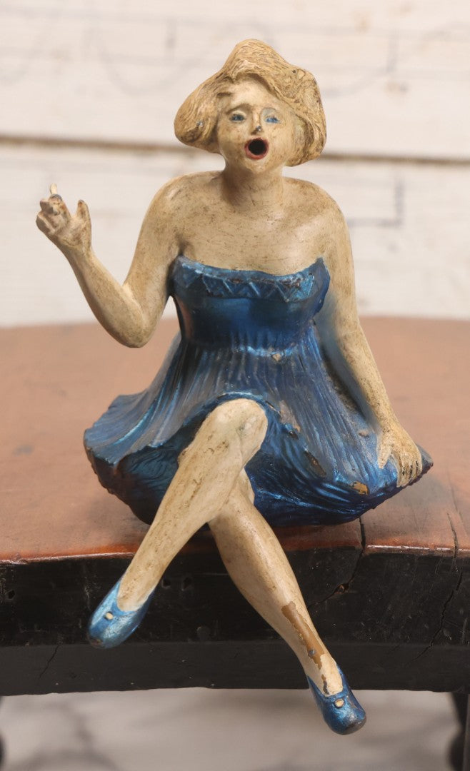 Lot 024 - Vintage Painted Cast White Metal Art Deco Incense Burner Depicting A Blonde Woman In Blue Dress Holding A Cigarette