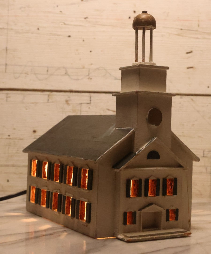 Lot 025 - Vintage Folk Art Light Up White Church With Steeple, Signed A.W. Bean 1946, Plymouth, Rewired, 12" H