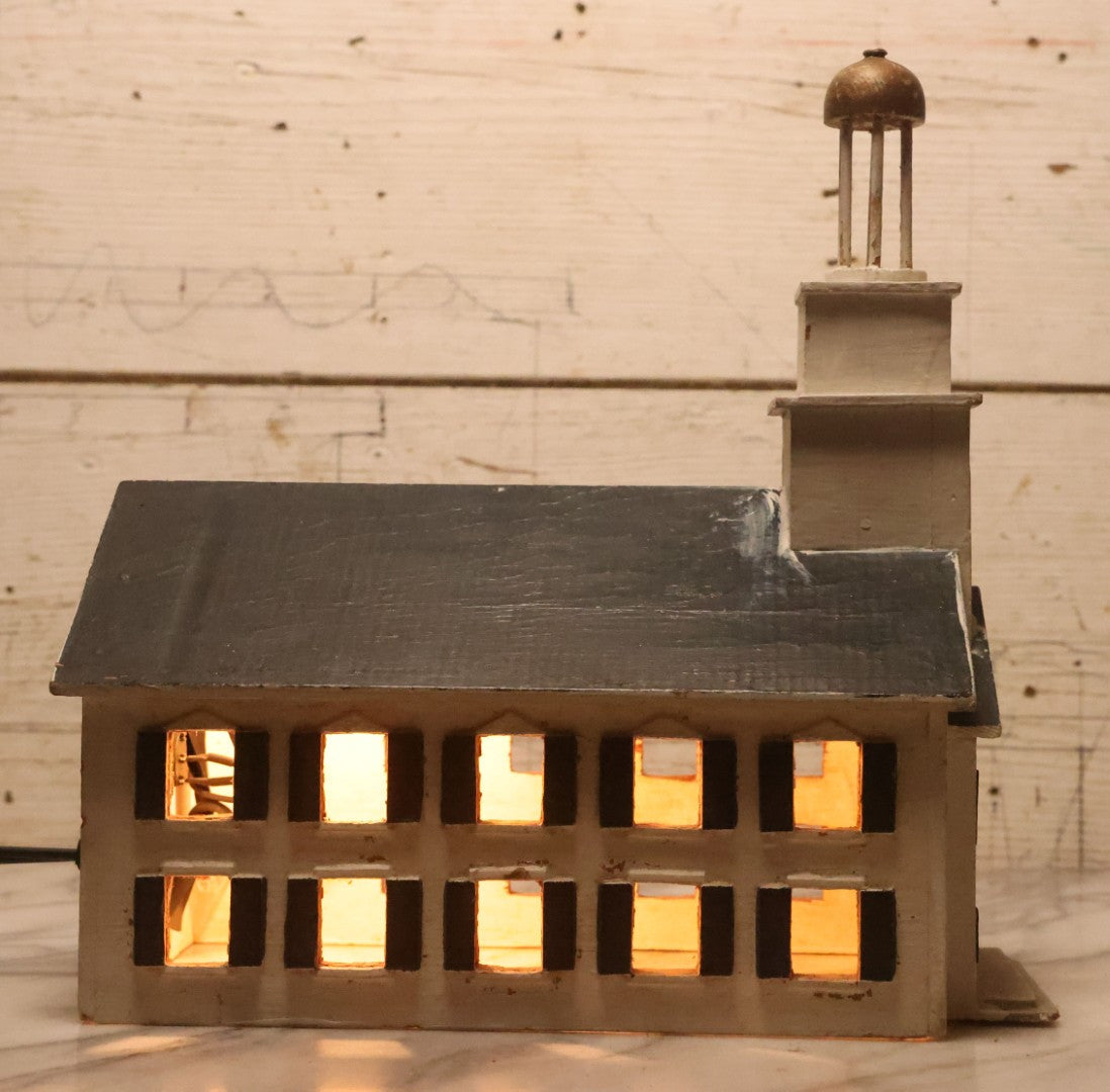Lot 025 - Vintage Folk Art Light Up White Church With Steeple, Signed A.W. Bean 1946, Plymouth, Rewired, 12" H