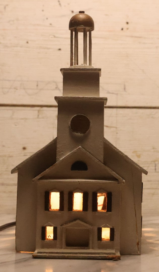 Lot 025 - Vintage Folk Art Light Up White Church With Steeple, Signed A.W. Bean 1946, Plymouth, Rewired, 12" H