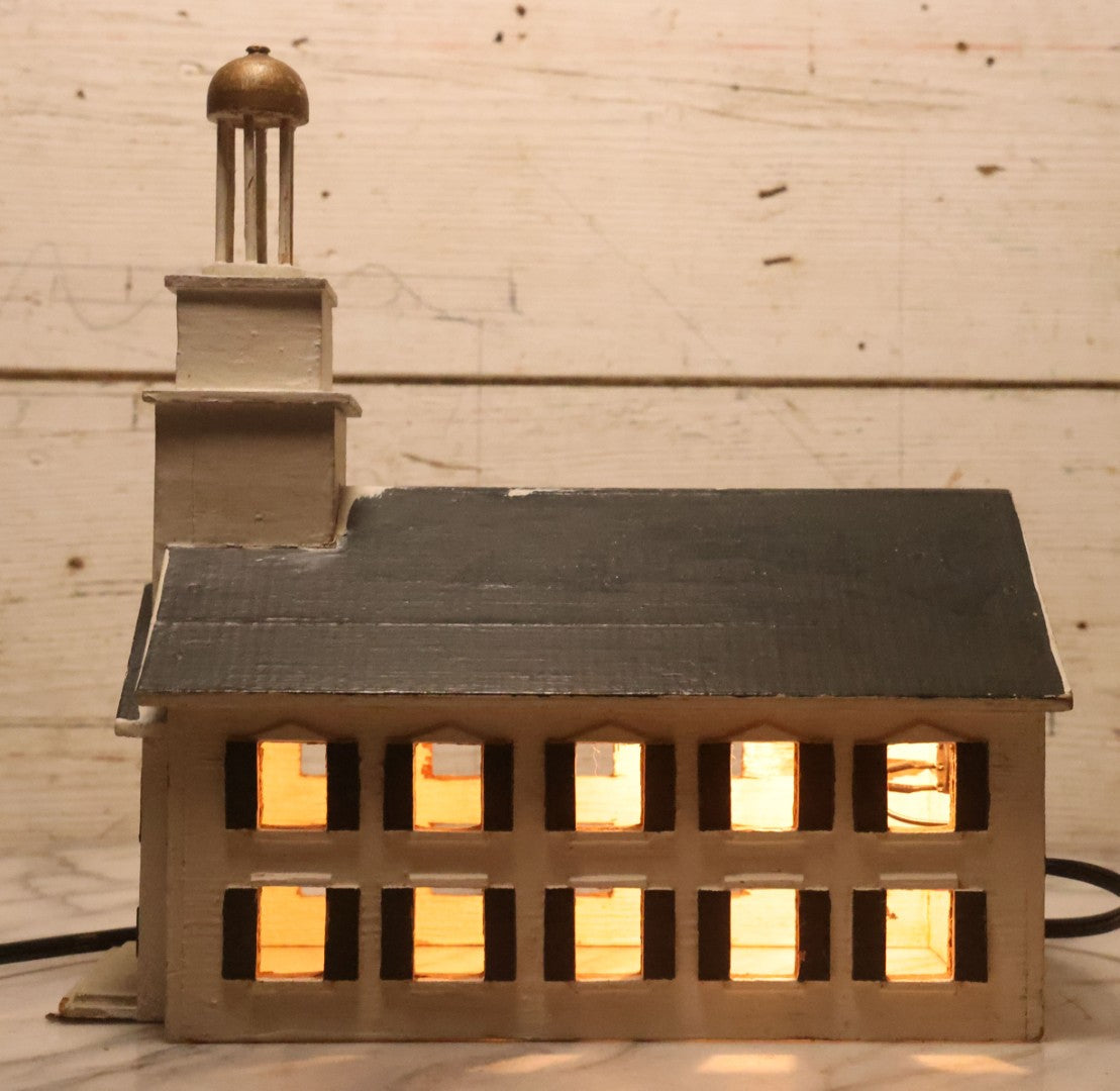 Lot 025 - Vintage Folk Art Light Up White Church With Steeple, Signed A.W. Bean 1946, Plymouth, Rewired, 12" H