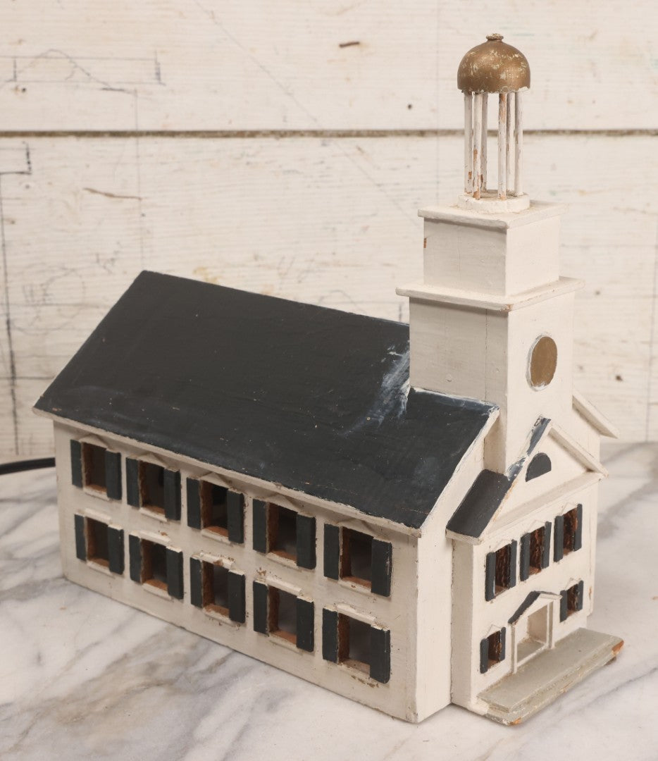 Lot 025 - Vintage Folk Art Light Up White Church With Steeple, Signed A.W. Bean 1946, Plymouth, Rewired, 12" H