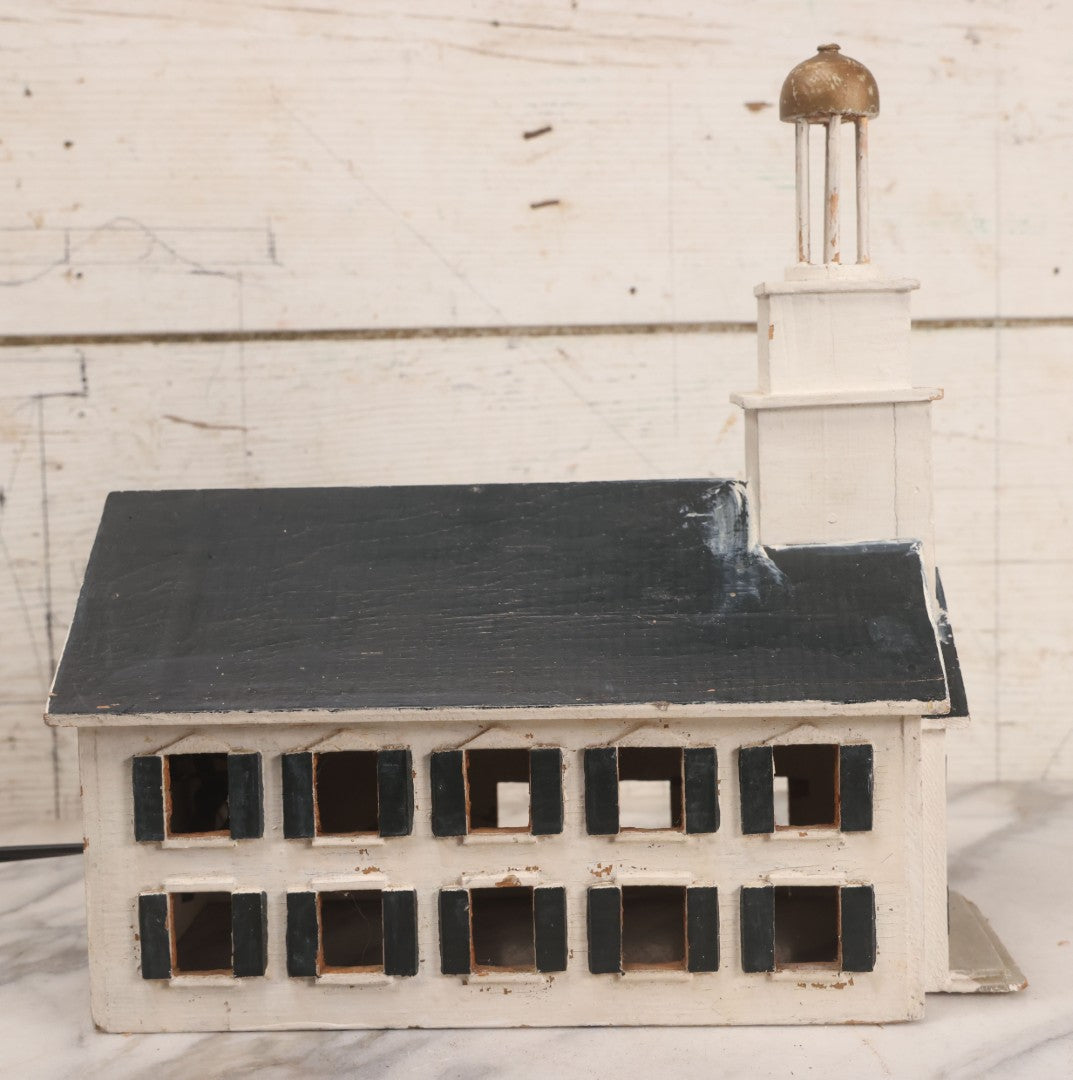 Lot 025 - Vintage Folk Art Light Up White Church With Steeple, Signed A.W. Bean 1946, Plymouth, Rewired, 12" H
