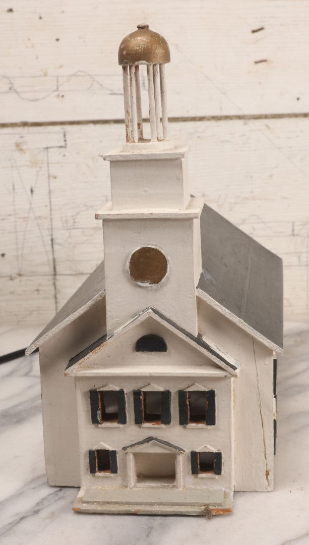 Lot 025 - Vintage Folk Art Light Up White Church With Steeple, Signed A.W. Bean 1946, Plymouth, Rewired, 12" H
