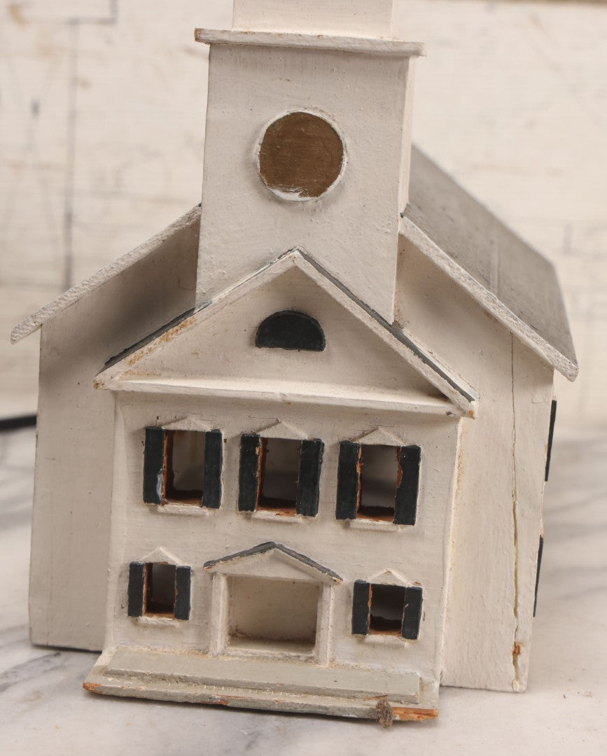 Lot 025 - Vintage Folk Art Light Up White Church With Steeple, Signed A.W. Bean 1946, Plymouth, Rewired, 12" H