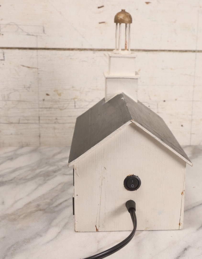 Lot 025 - Vintage Folk Art Light Up White Church With Steeple, Signed A.W. Bean 1946, Plymouth, Rewired, 12" H