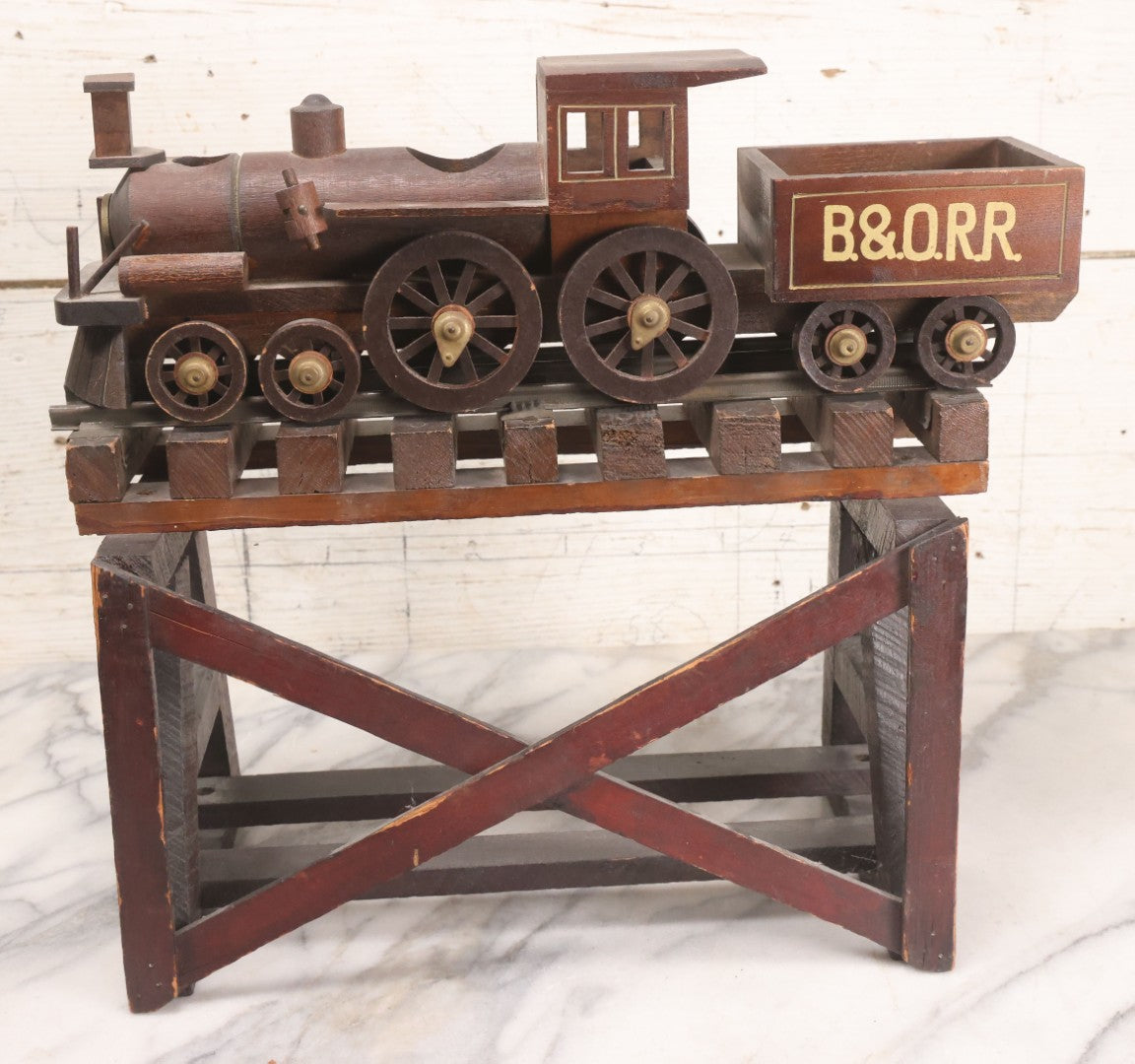 Lot 026 - Vintage Toy Train By William Mason, Baltimore & Ohio Rail Road Locomotive And Tender On Custom Built Wooden Bridge Display, Missing Some Original Components
