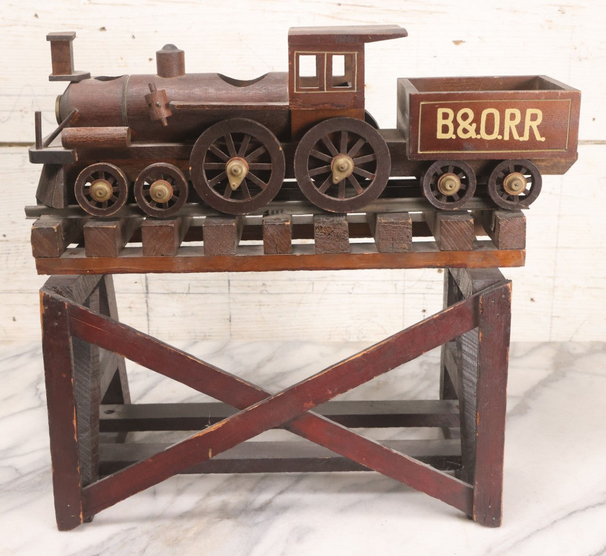 Lot 026 - Vintage Toy Train By William Mason, Baltimore & Ohio Rail Road Locomotive And Tender On Custom Built Wooden Bridge Display, Missing Some Original Components