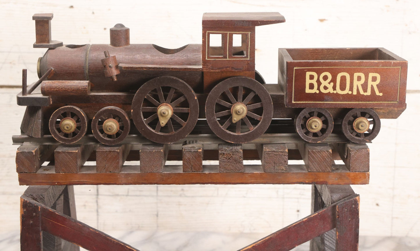 Lot 026 - Vintage Toy Train By William Mason, Baltimore & Ohio Rail Road Locomotive And Tender On Custom Built Wooden Bridge Display, Missing Some Original Components