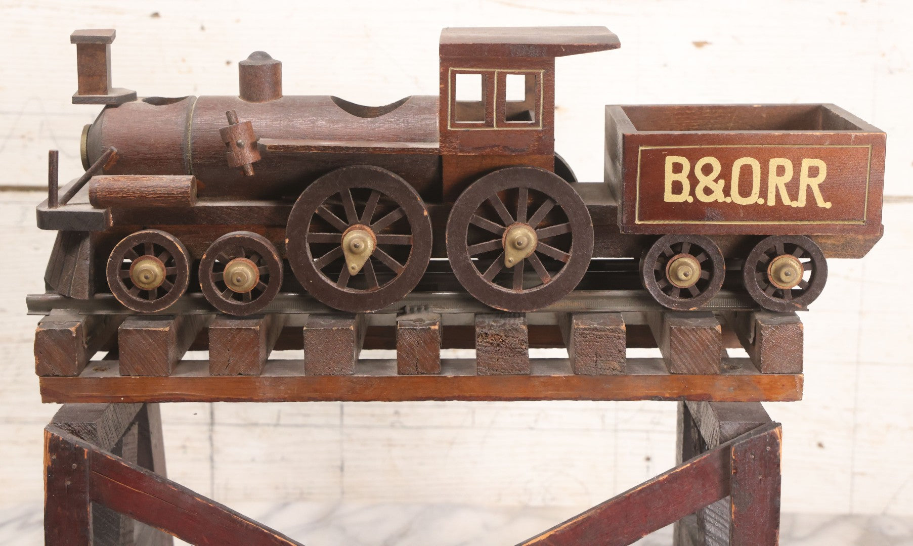 Lot 026 - Vintage Toy Train By William Mason, Baltimore & Ohio Rail Road Locomotive And Tender On Custom Built Wooden Bridge Display, Missing Some Original Components