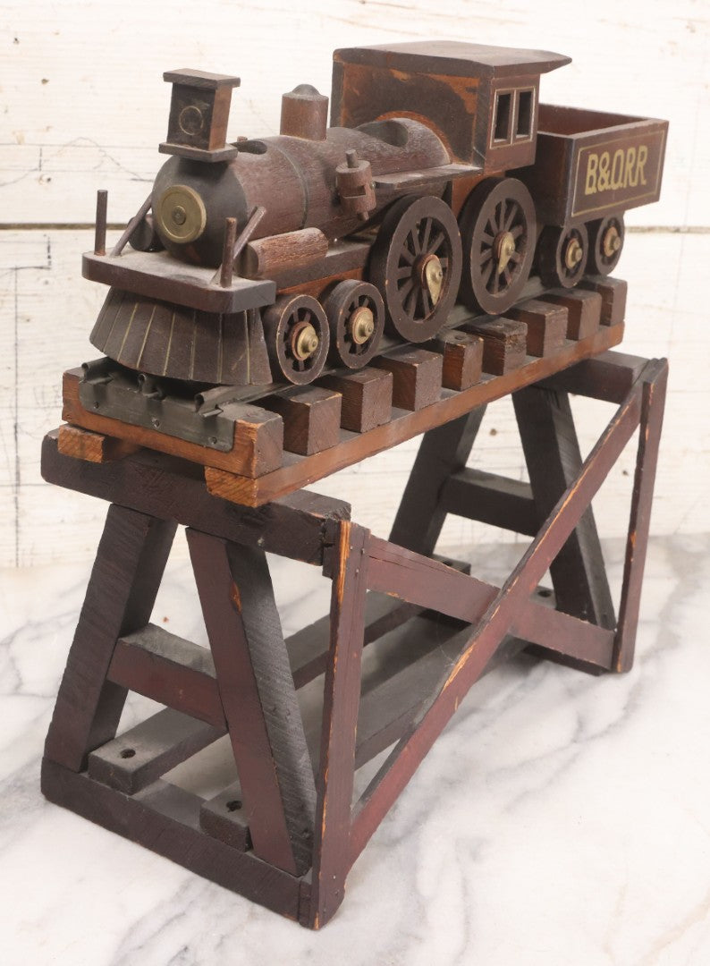 Lot 026 - Vintage Toy Train By William Mason, Baltimore & Ohio Rail Road Locomotive And Tender On Custom Built Wooden Bridge Display, Missing Some Original Components