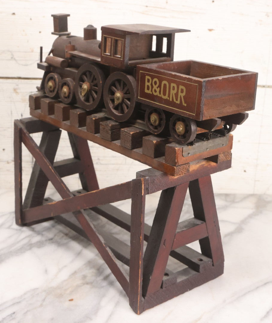 Lot 026 - Vintage Toy Train By William Mason, Baltimore & Ohio Rail Road Locomotive And Tender On Custom Built Wooden Bridge Display, Missing Some Original Components