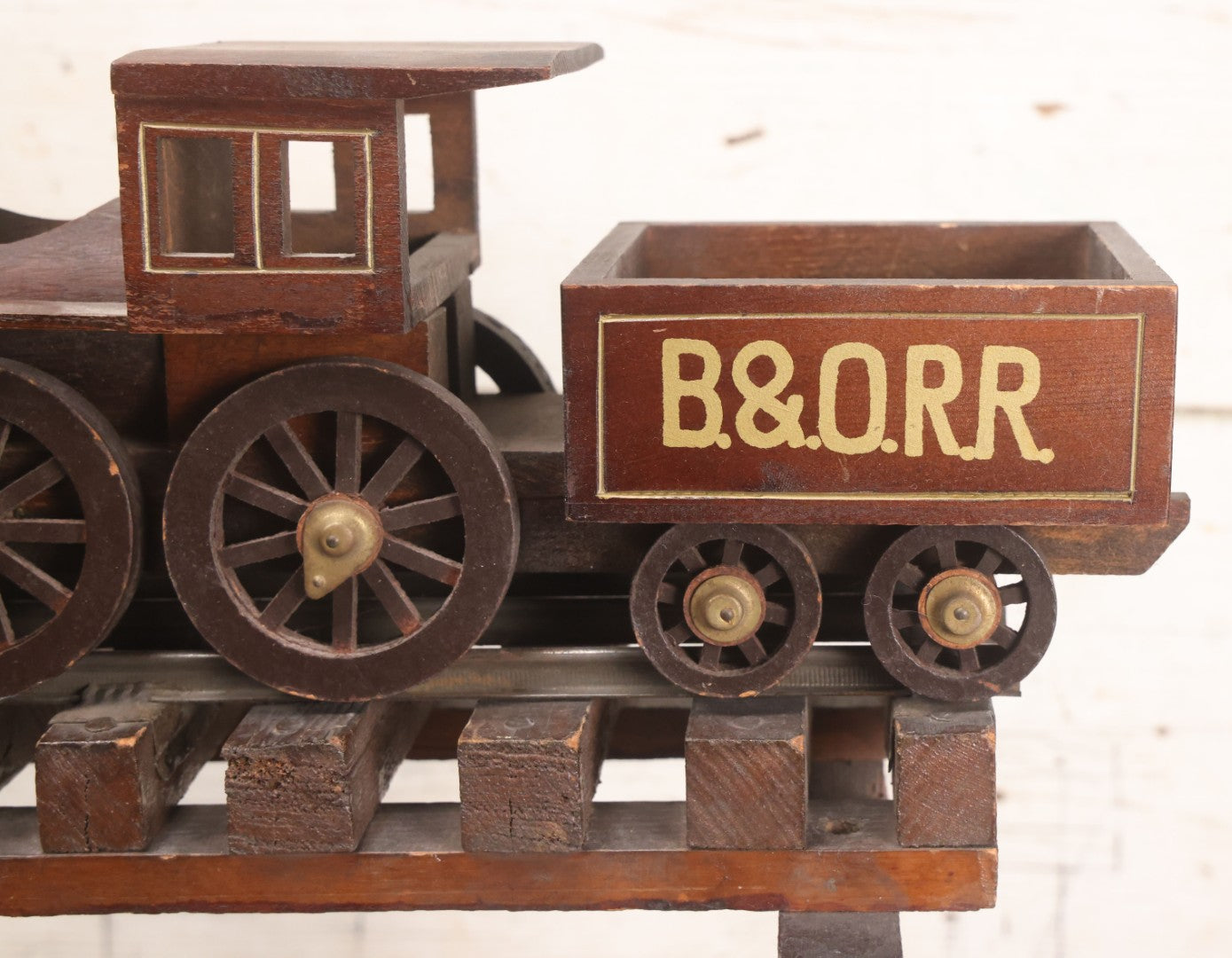 Lot 026 - Vintage Toy Train By William Mason, Baltimore & Ohio Rail Road Locomotive And Tender On Custom Built Wooden Bridge Display, Missing Some Original Components