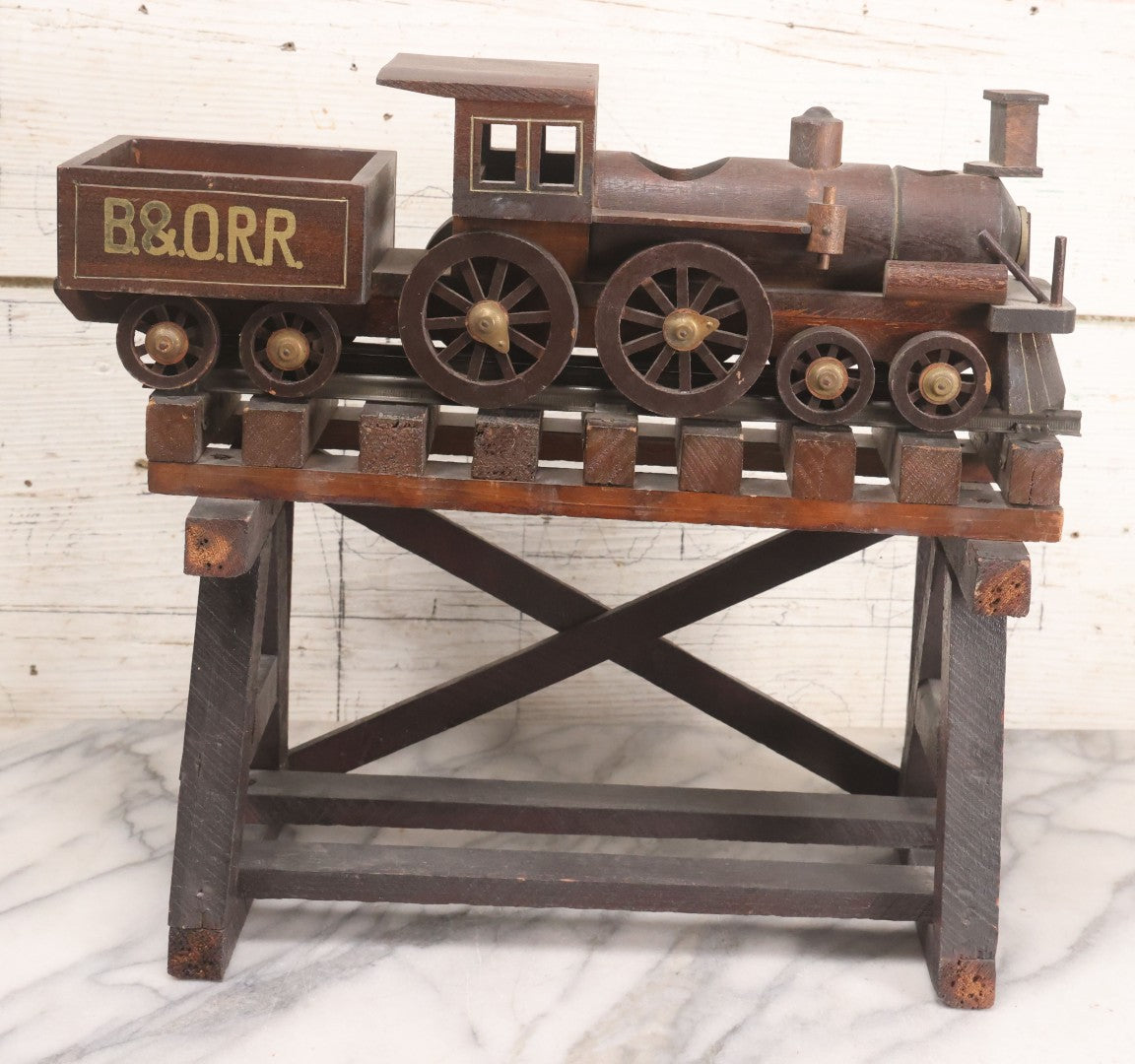Lot 026 - Vintage Toy Train By William Mason, Baltimore & Ohio Rail Road Locomotive And Tender On Custom Built Wooden Bridge Display, Missing Some Original Components